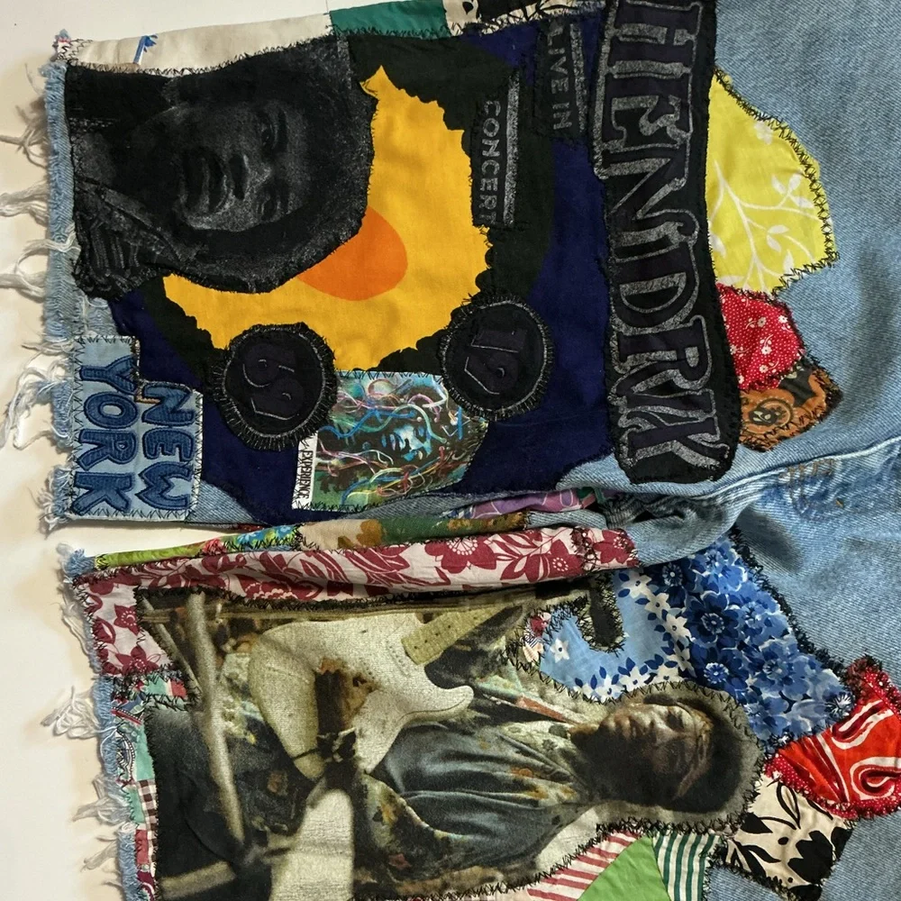 VTG Jimi Hendrix Experience Patchwork 1 Of 1 Upcycle Rework Denim Jean Shorts - Picture 4 of 4
